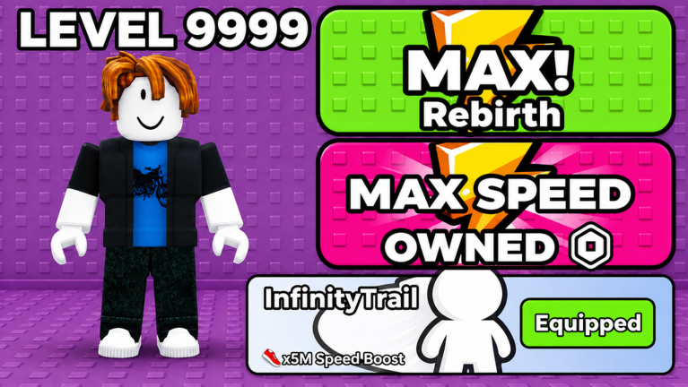 Official game media showing Level, Rebirth, Max Speed, and trail interface panels